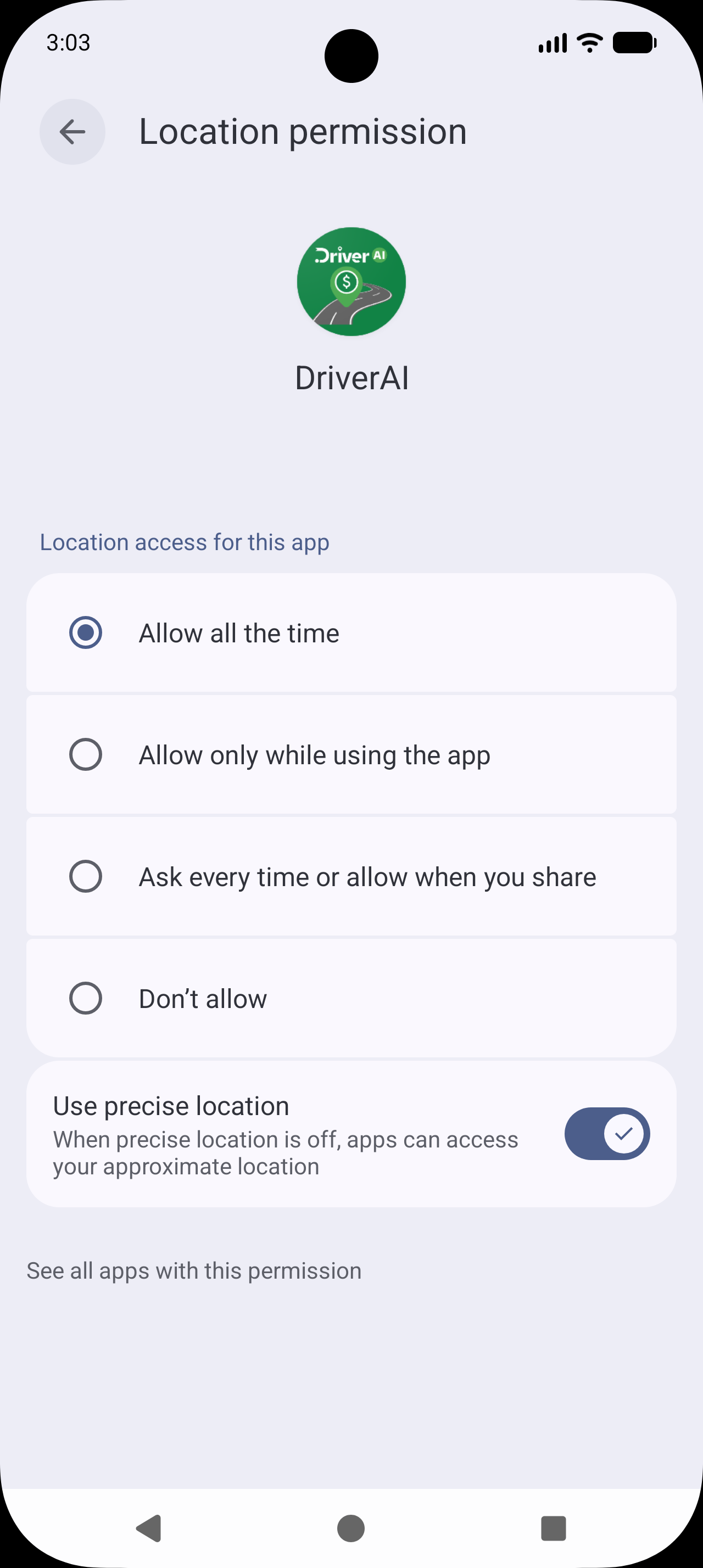 Android Location set to Allow all the time