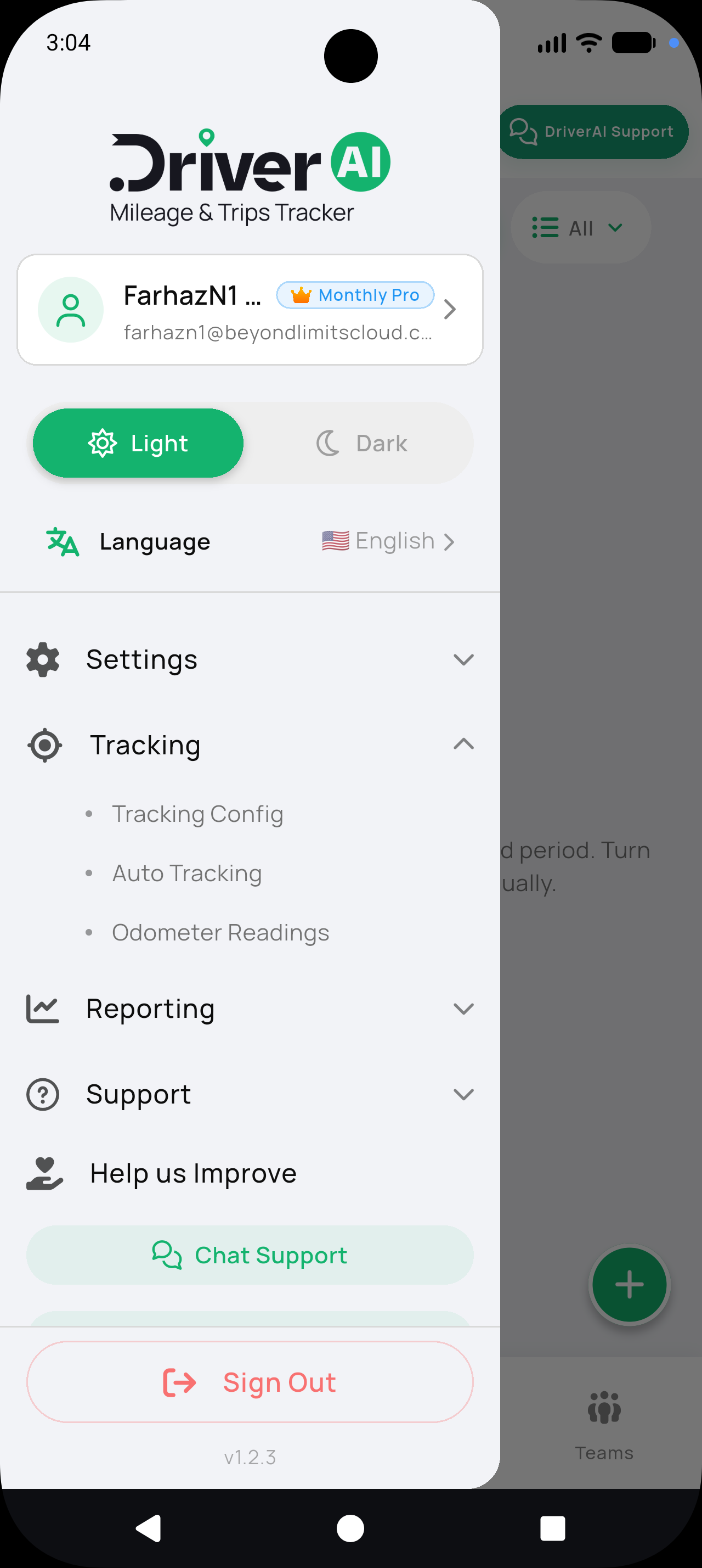 Sidebar — Tracking menu on Android