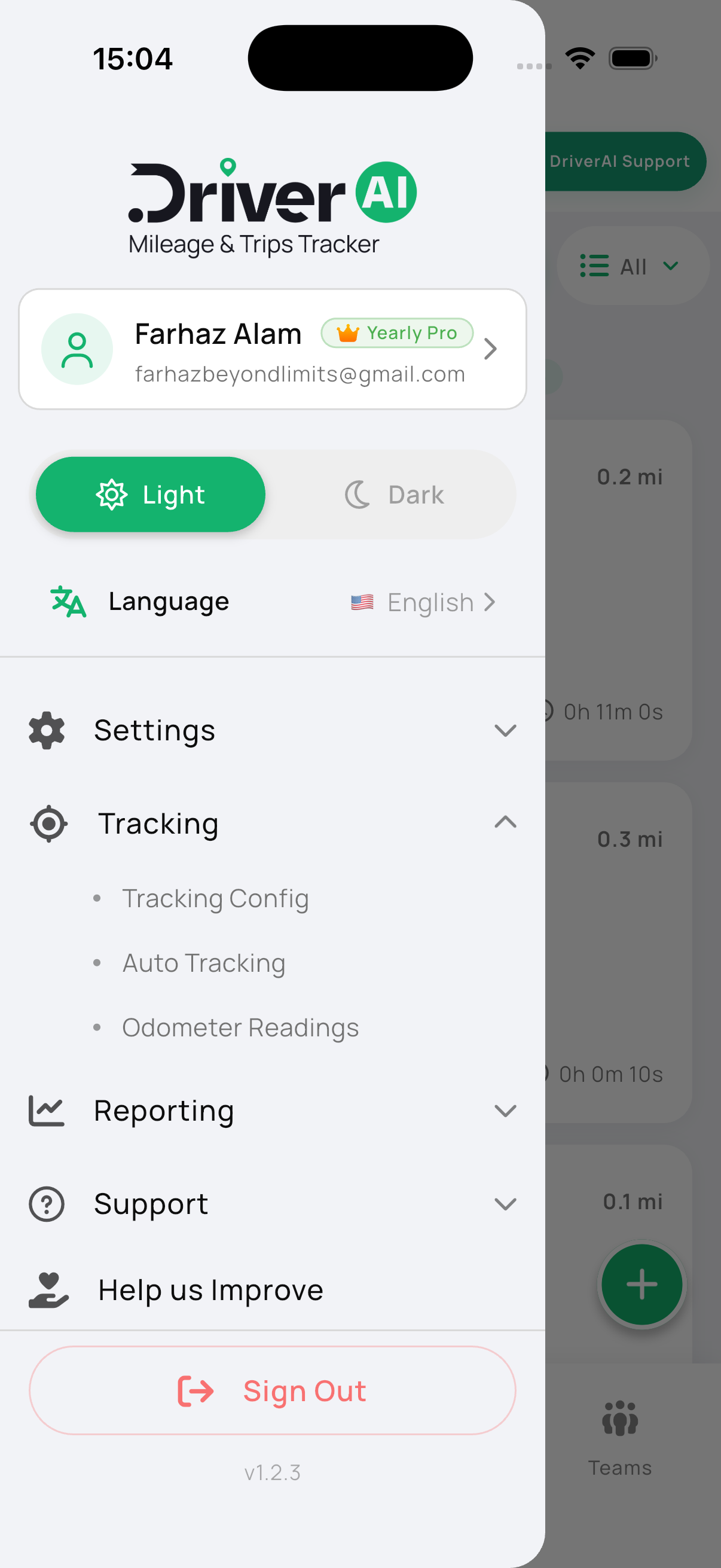 Sidebar — Tracking menu on iPhone