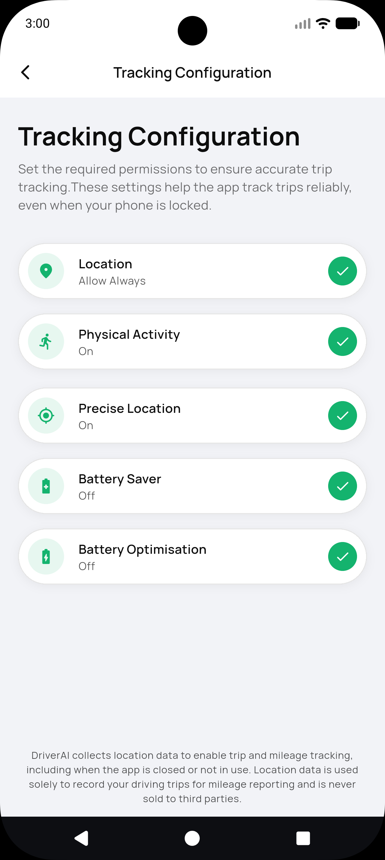 Tracking Configuration — all green on Android