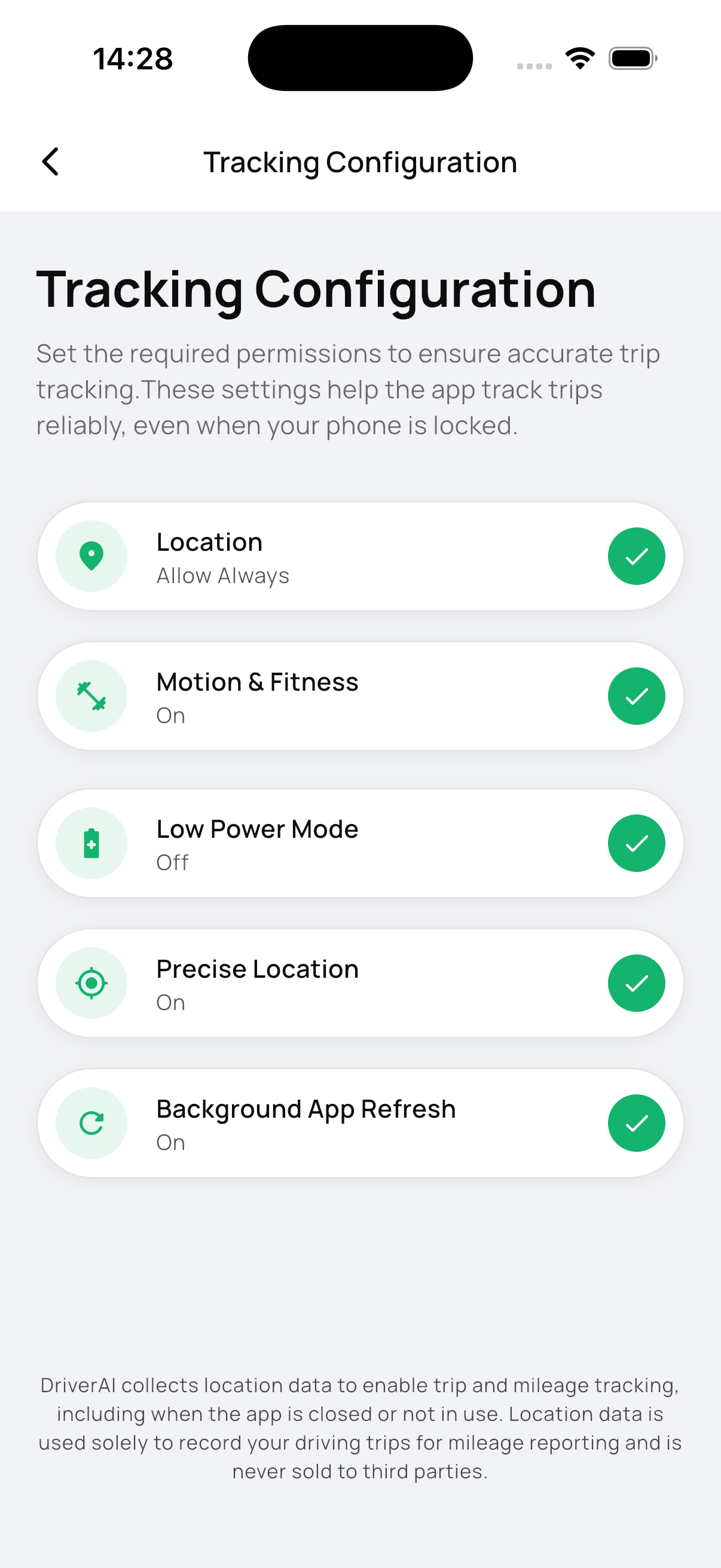 Tracking Configuration — all green on iPhone